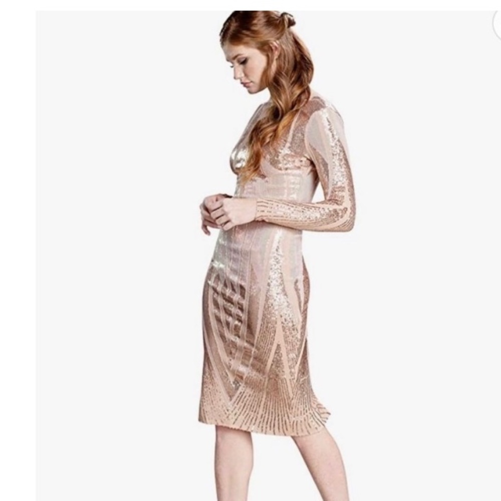 Dress the Population Emery Long Sleeve Round Neck Low Back Midi Dress Medium